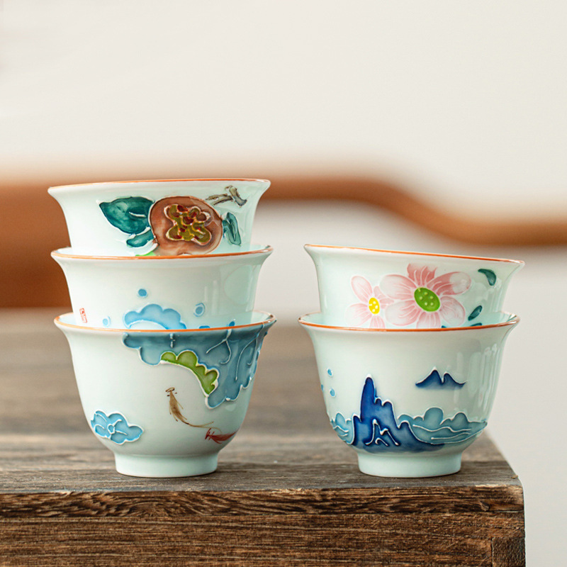 Celadon Ceramic Cup - ถ้วยชากังฟูทาสีมือถ้วยเดียวที่ใช้ในครัวเรือนถ้วยชาถ้วยเซรามิกทำด้วยมือลายนูนศิลาดลไม่ YZ74