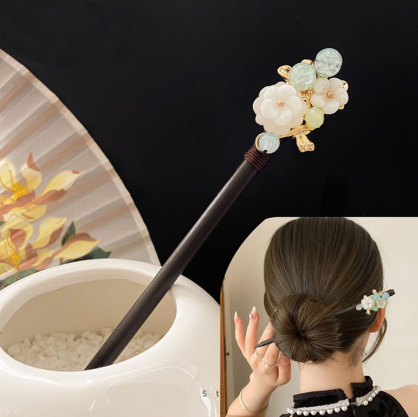 Hanbok Hair Pin - กิ๊บติดผมไม้แบบจีนโบราณสำหรับสาวๆ ประดับมุกและพู่ดอกไม้ ใช้สำหรับทำทรงผมเกล้าหัวแบบวินเทจ