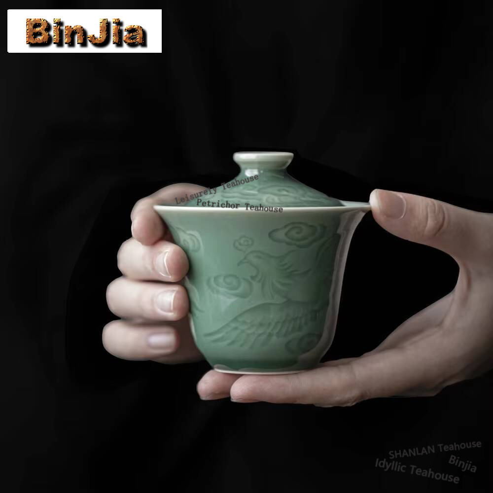 Celadon Ceramic Cup - ชุดน้ำชาจีนหัตถกรรมทำจาก Relief โบราณจากศิลาดลถ้วยชงชาขนาด100มล. ฟีนิกซ์ต้านการลวกฝาปิดถ้วยน้ำชาจีน