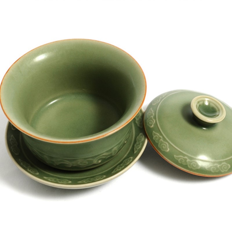 Celadon Ceramic Cup - แก้วเซลาดอนคุณภาพสูง แก้วชงชาเซรามิกแกะสลักลายญี่ปุ่น พร้อมฝาปิด งานแฮนด์เมด