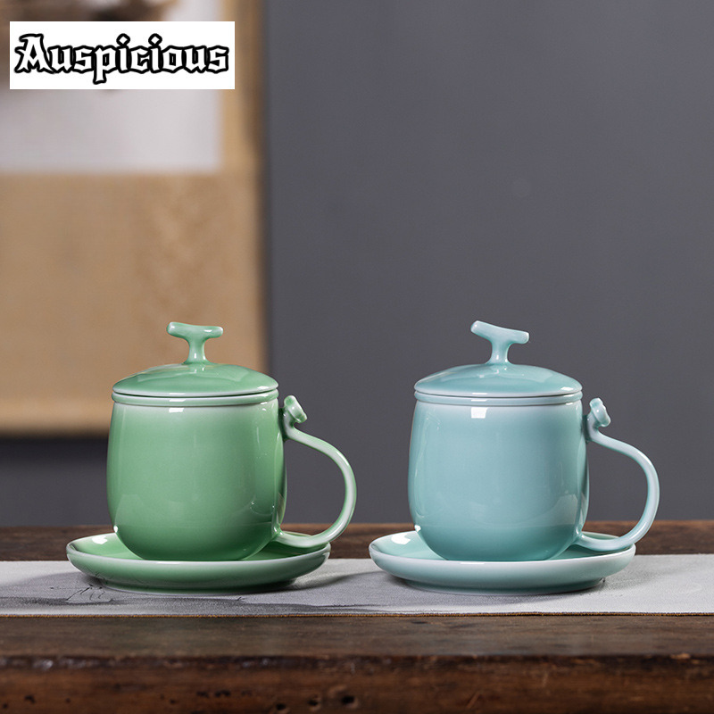 Celadon Ceramic Cup - แก้วชาเซลาดอนสีฟ้า 400 มล. พร้อมที่กรองชาแบบยาว แก้วชาเซนพร้อมที่กรองชา แก้วน้ำสำหรับสำนักงาน