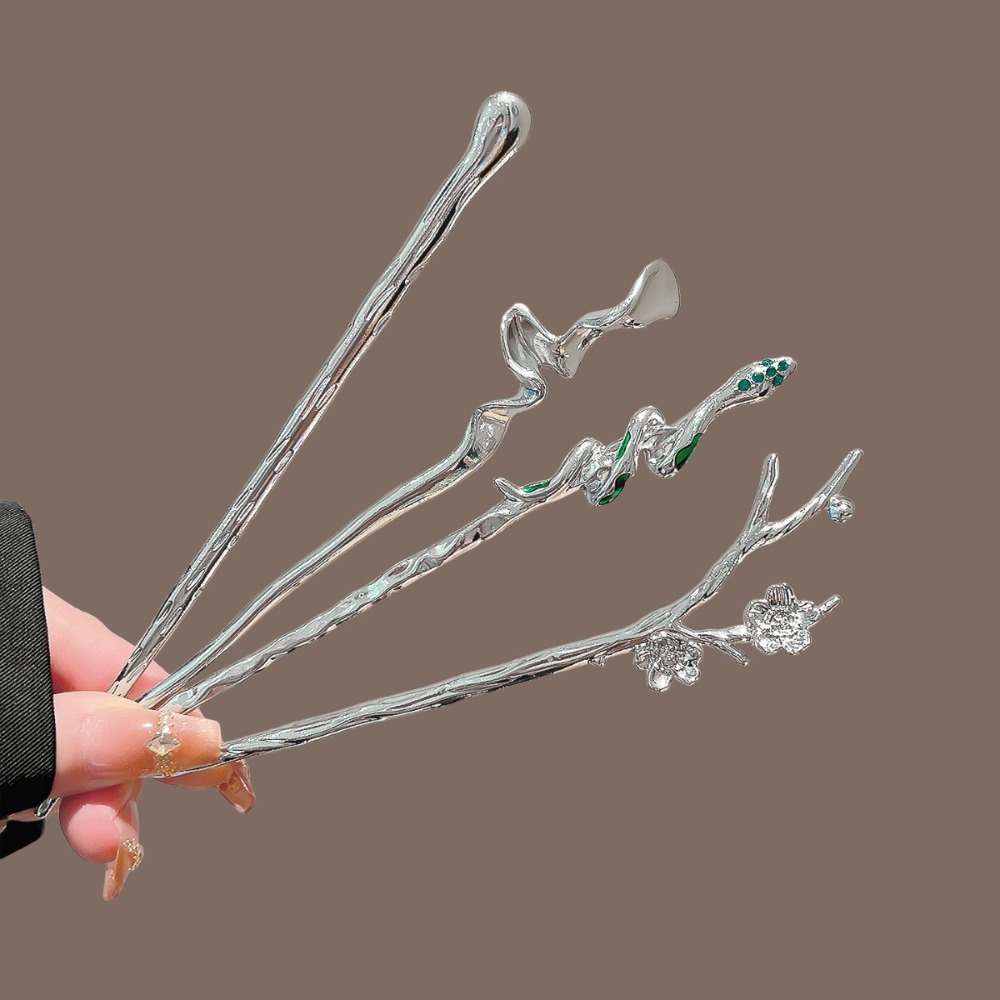 Hanbok Hair Pin - ปิ่นปักผมโลหะสีเงินสไตล์จีนใหม่ รูปทรงเกลียวคลื่นดอกพลัม รูปงู ปิ่นปักผมรูปตัว U เครื่องประดับผมแบบม้วนสำหรับชุดฮันฝูและกี่เพ้า