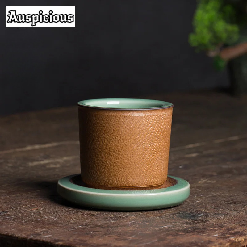 Celadon Ceramic Cup - ถ้วยน้ำชาศิลาดล Longquan ระดับไฮเอนด์110มล. มีดกระโดดทำด้วยมือถ้วยหลักถ้วยชาพร้อมชุดจานรองชุดของขวัญทีเซอร์