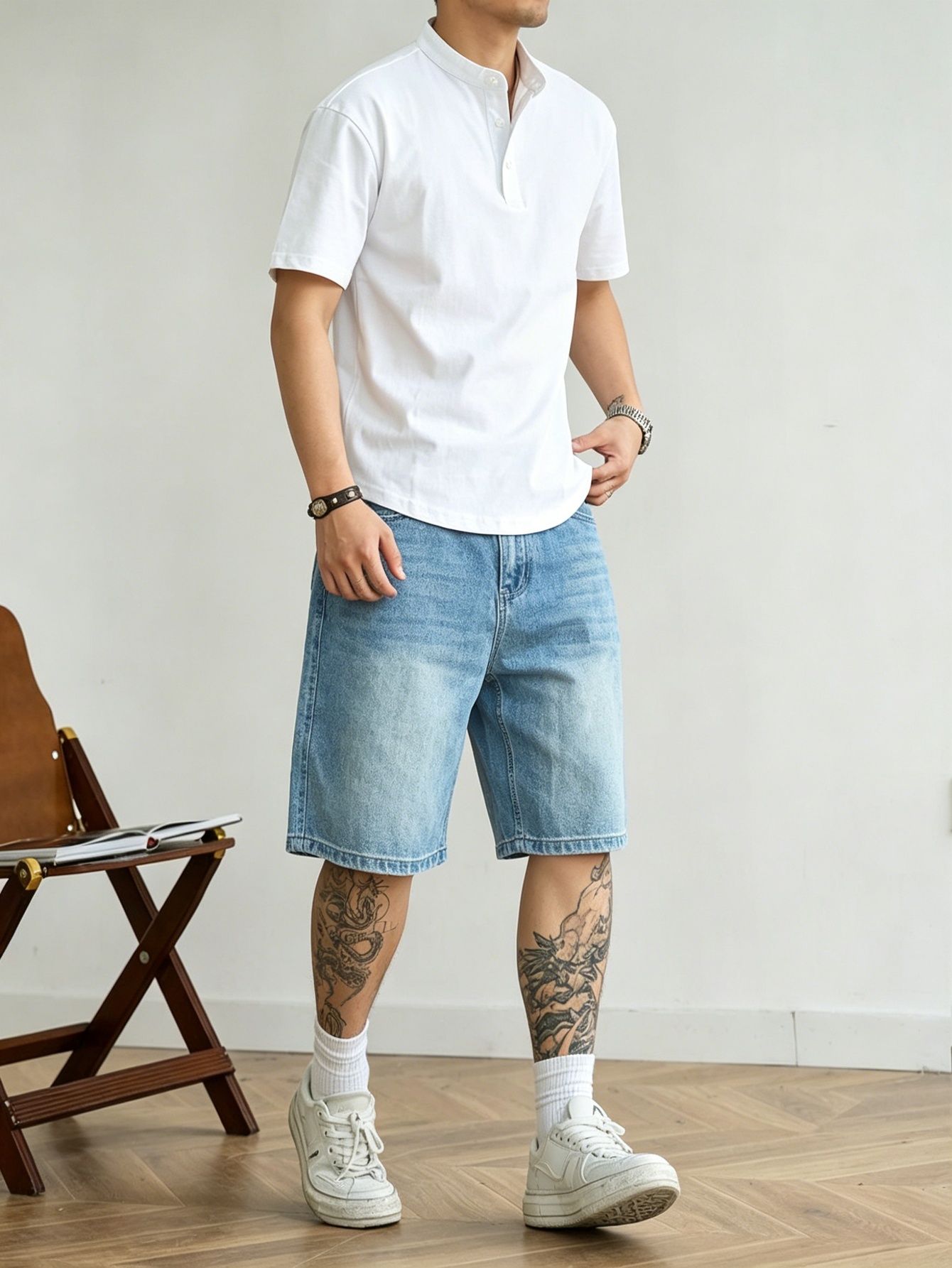 กางเกงยีนส์ขาสั้นทรงหลวมสีน้ำเ - Korean Daily Lifestyle บทวิจารณ์และราคา